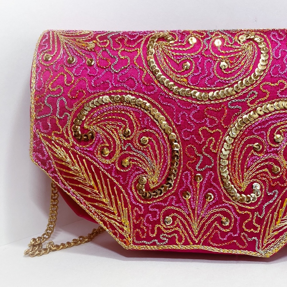 Bright Pink Sequence and Embroidered Clutch with Gold Shoulder Chain